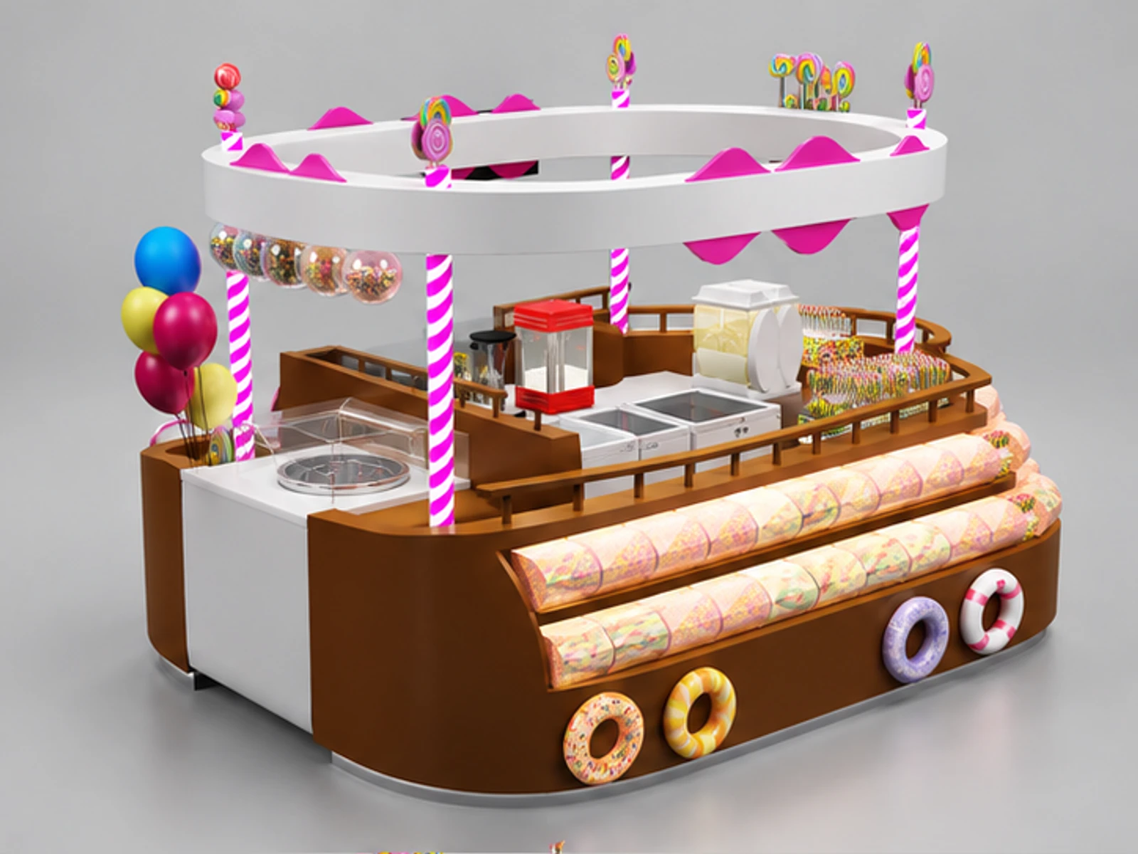 5x3m Attractive candy display kiosk | custom beautiful cake booth opposite angle and overall footprint
