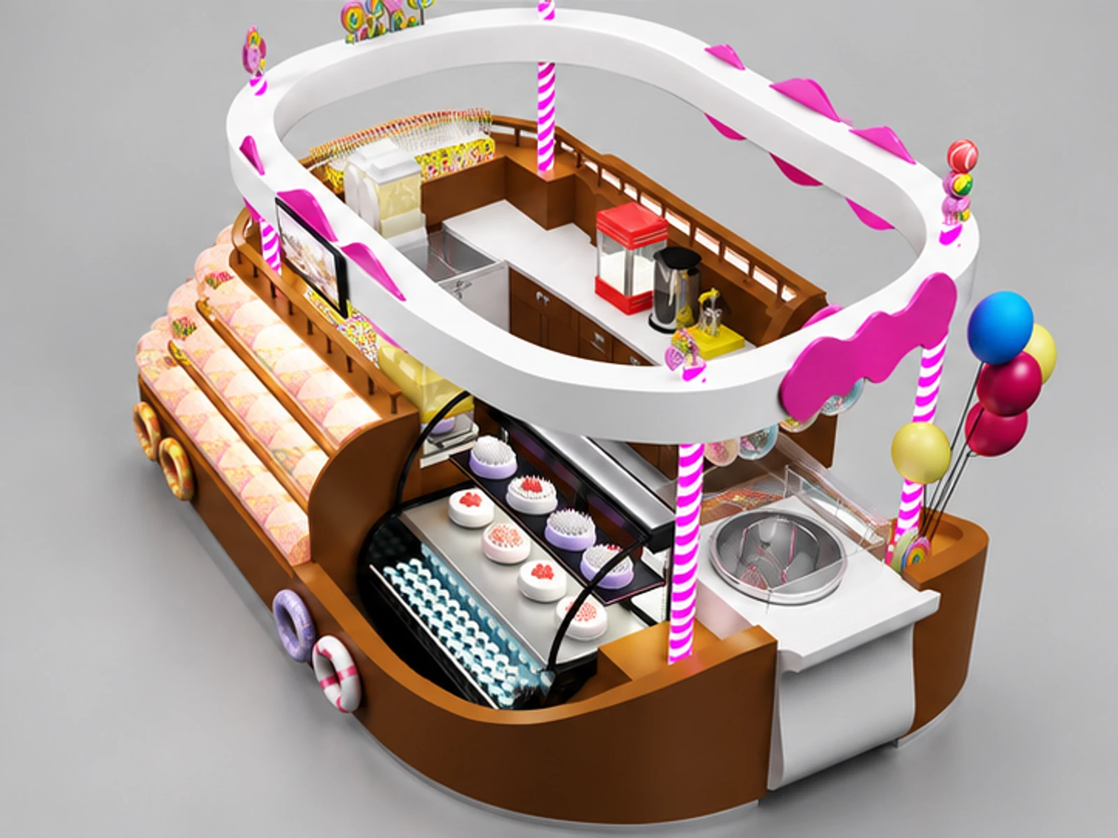 5x3m Attractive candy display kiosk | custom beautiful cake booth staff-side equipment and storage view