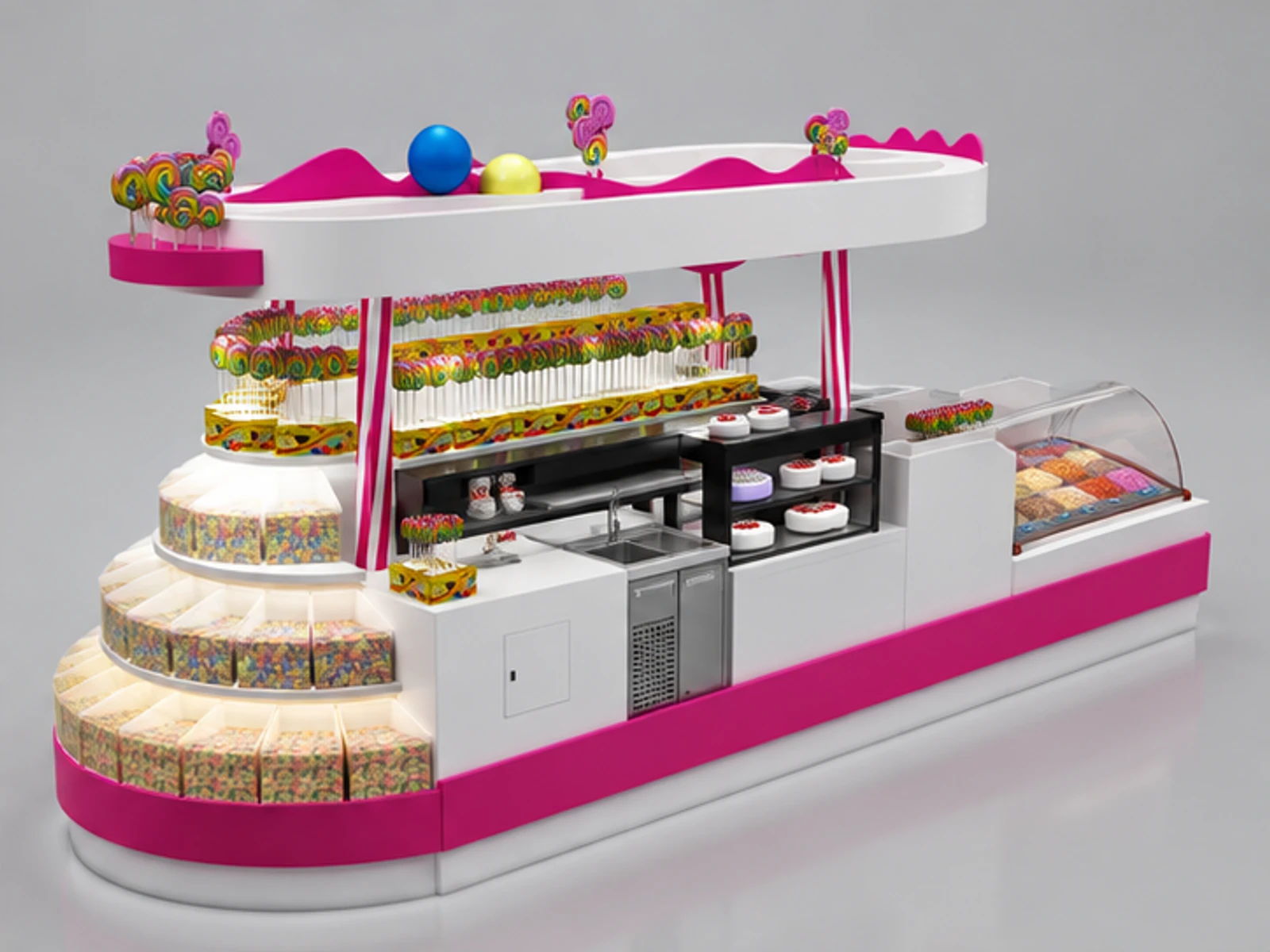 Attractive candy kiosk design | Customized special dessert kiosk opposite angle and overall footprint