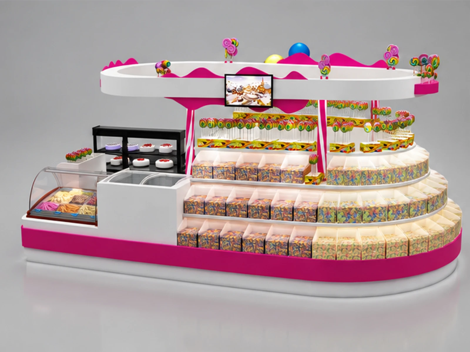 Attractive candy kiosk design | Customized special dessert kiosk customer-facing service and display view