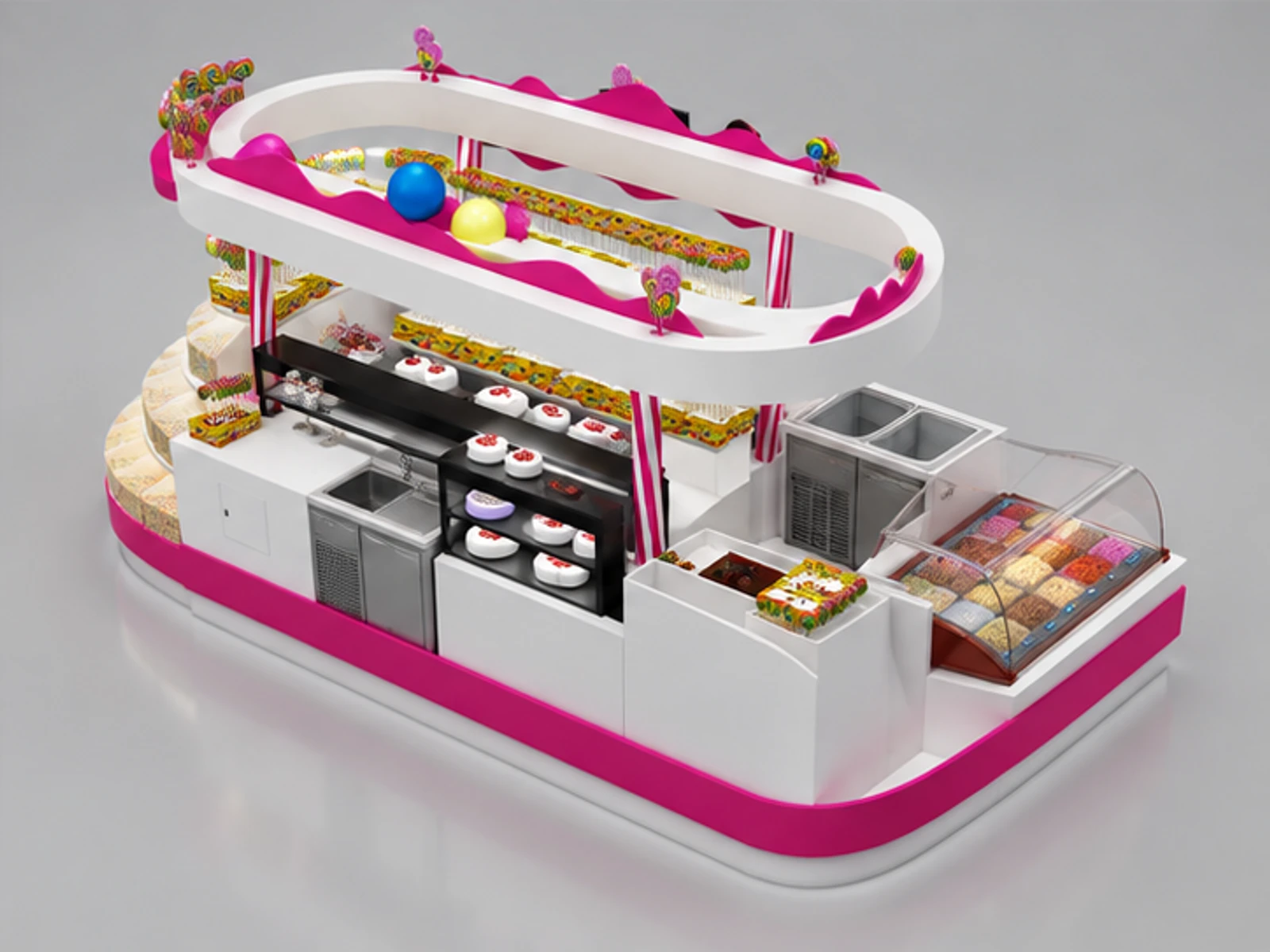 Attractive candy kiosk design | Customized special dessert kiosk staff-side equipment and storage view