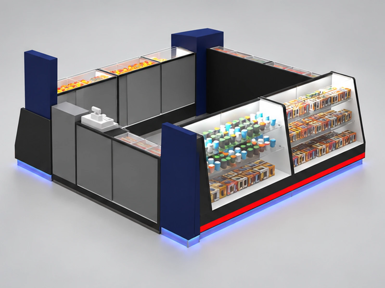Attractive Candy Kiosk Design With Lighting Chocolate Display Rack opposite angle and overall footprint