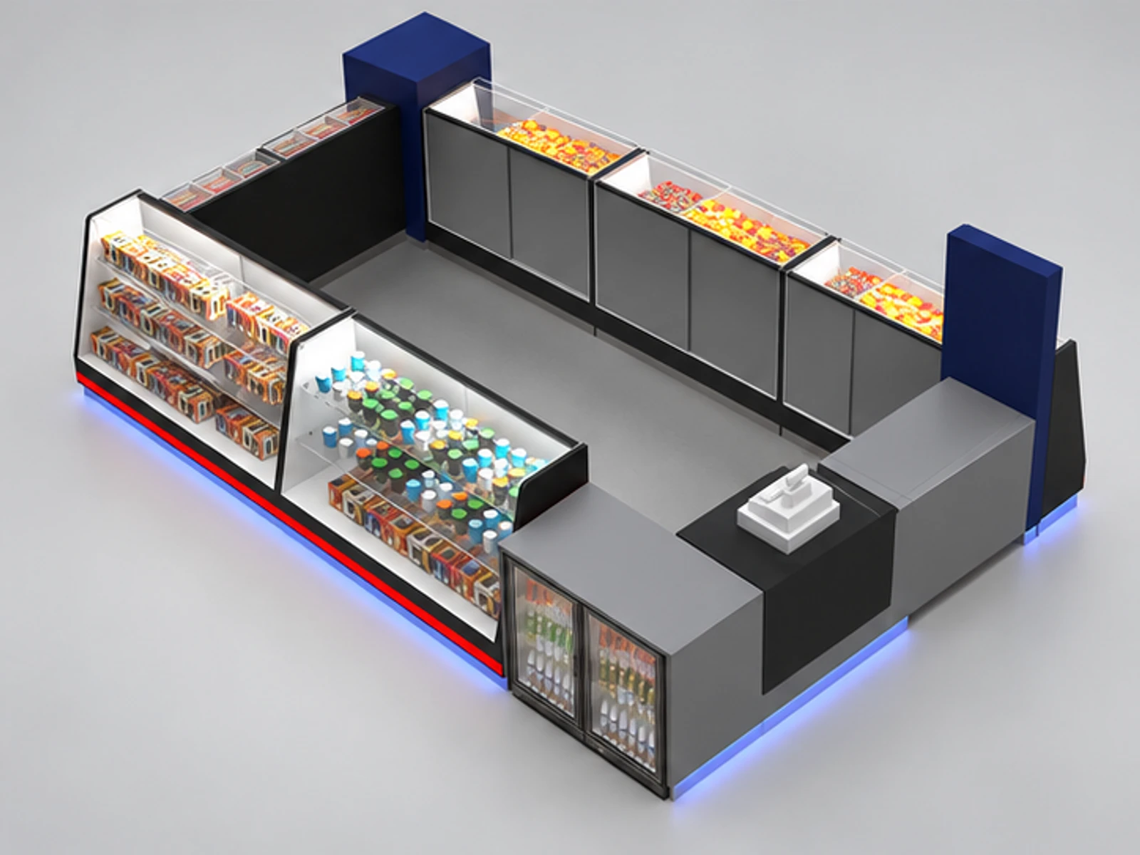 Attractive Candy Kiosk Design With Lighting Chocolate Display Rack staff-side equipment and storage view