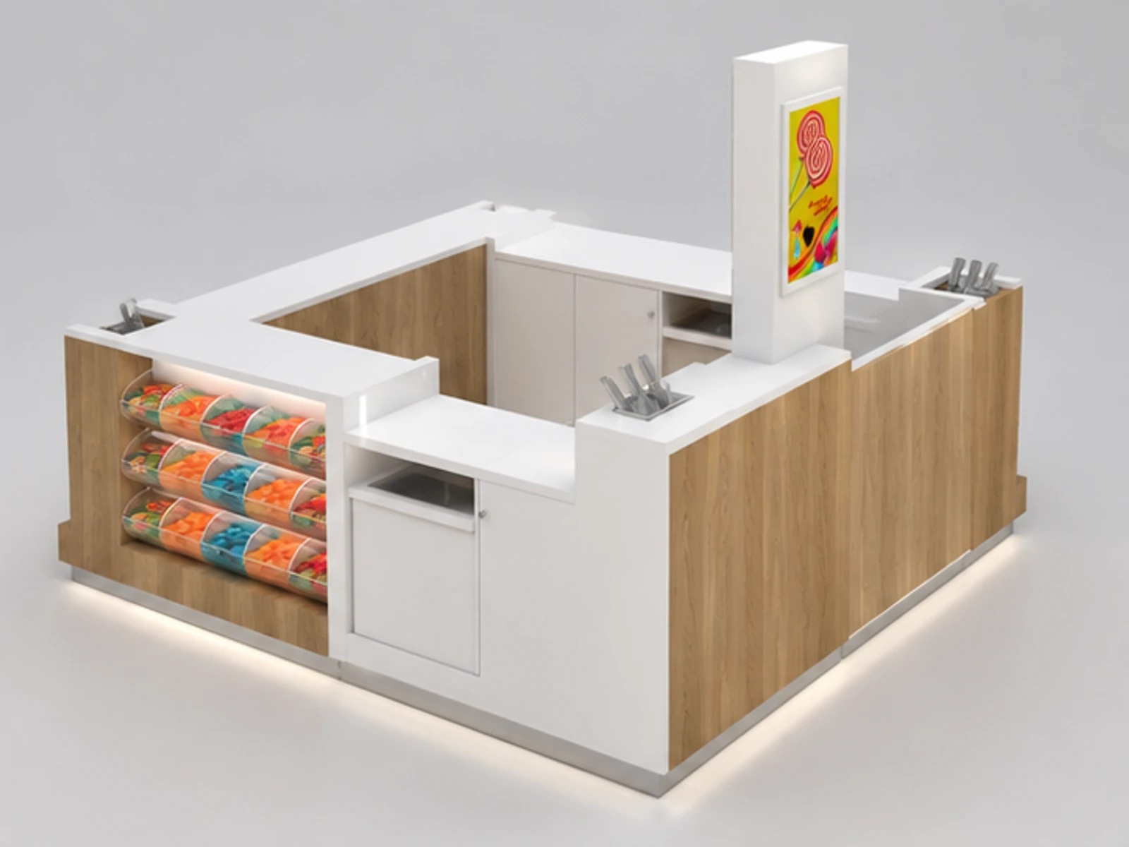 Candy booth Sweet Chocolate Kiosk Design For Sale opposite angle and overall footprint