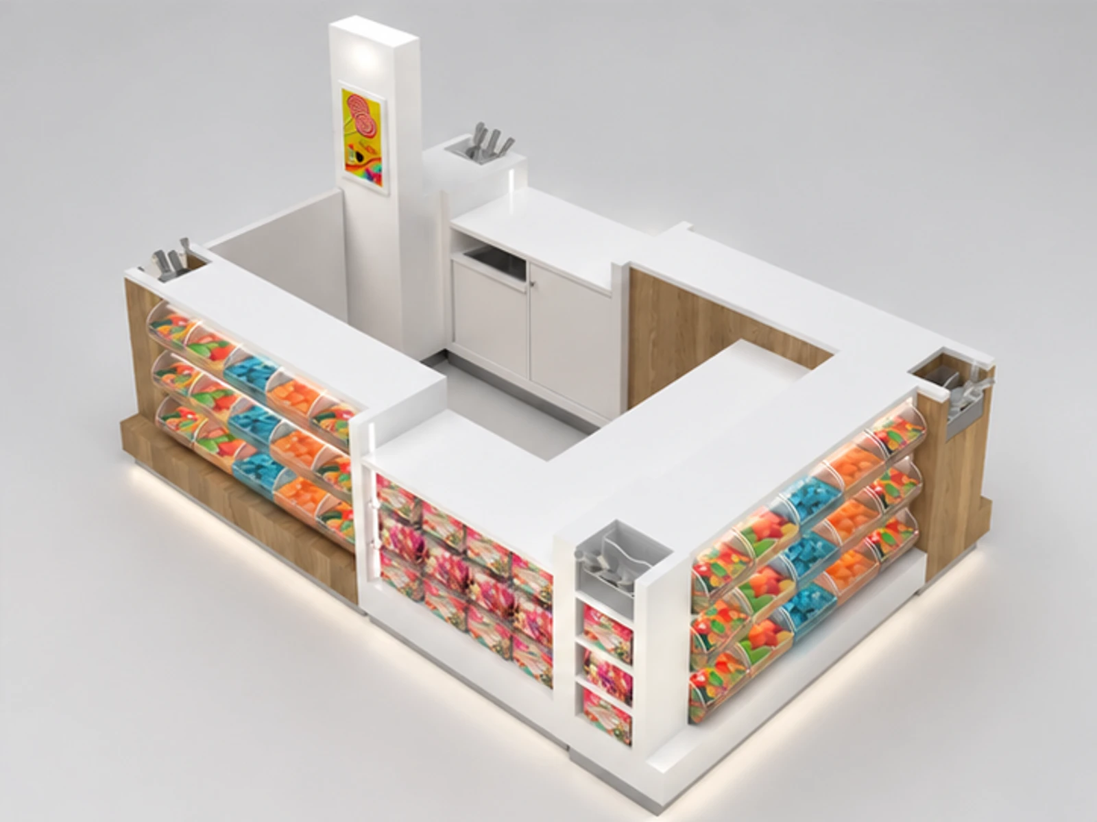 Candy booth Sweet Chocolate Kiosk Design For Sale staff-side equipment and storage view