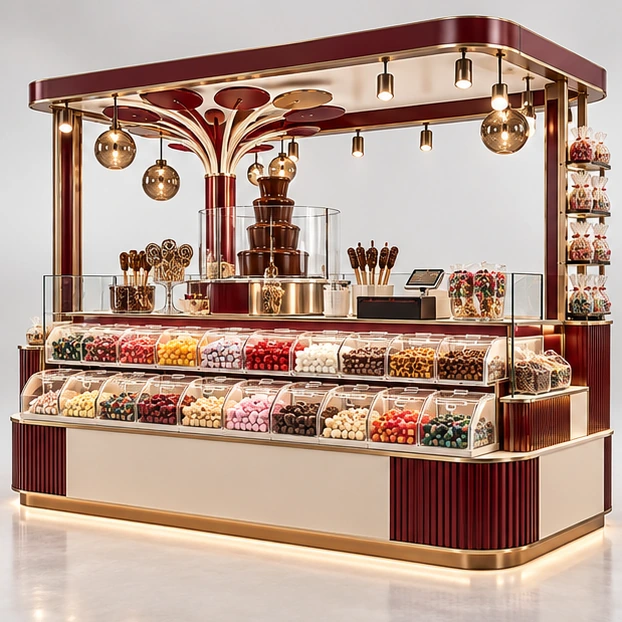 Chocolate Fountain Candy Kiosk with Service Counter main three-quarter product rendering