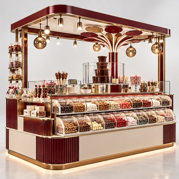 Chocolate Fountain Candy Kiosk with Service Counter opposite angle showing its complete footprint and display layout