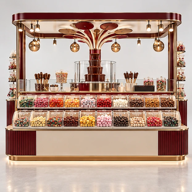 Chocolate Fountain Candy Kiosk with Service Counter customer-facing service and display view