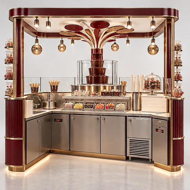 Chocolate Fountain Candy Kiosk with Service Counter operator-side equipment, access, and storage view