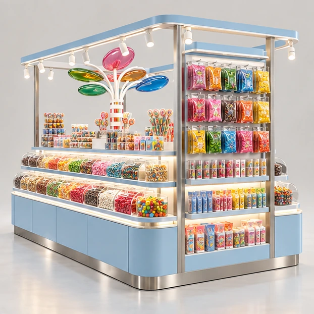 Color-Blocked Sweet Kiosk with Packaged Candy Wall opposite angle showing its complete footprint and display layout