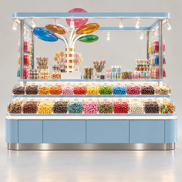Color-Blocked Sweet Kiosk with Packaged Candy Wall customer-facing service and display view
