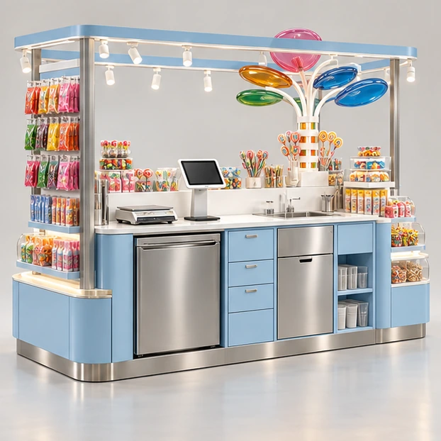 Color-Blocked Sweet Kiosk with Packaged Candy Wall operator-side equipment, access, and storage view
