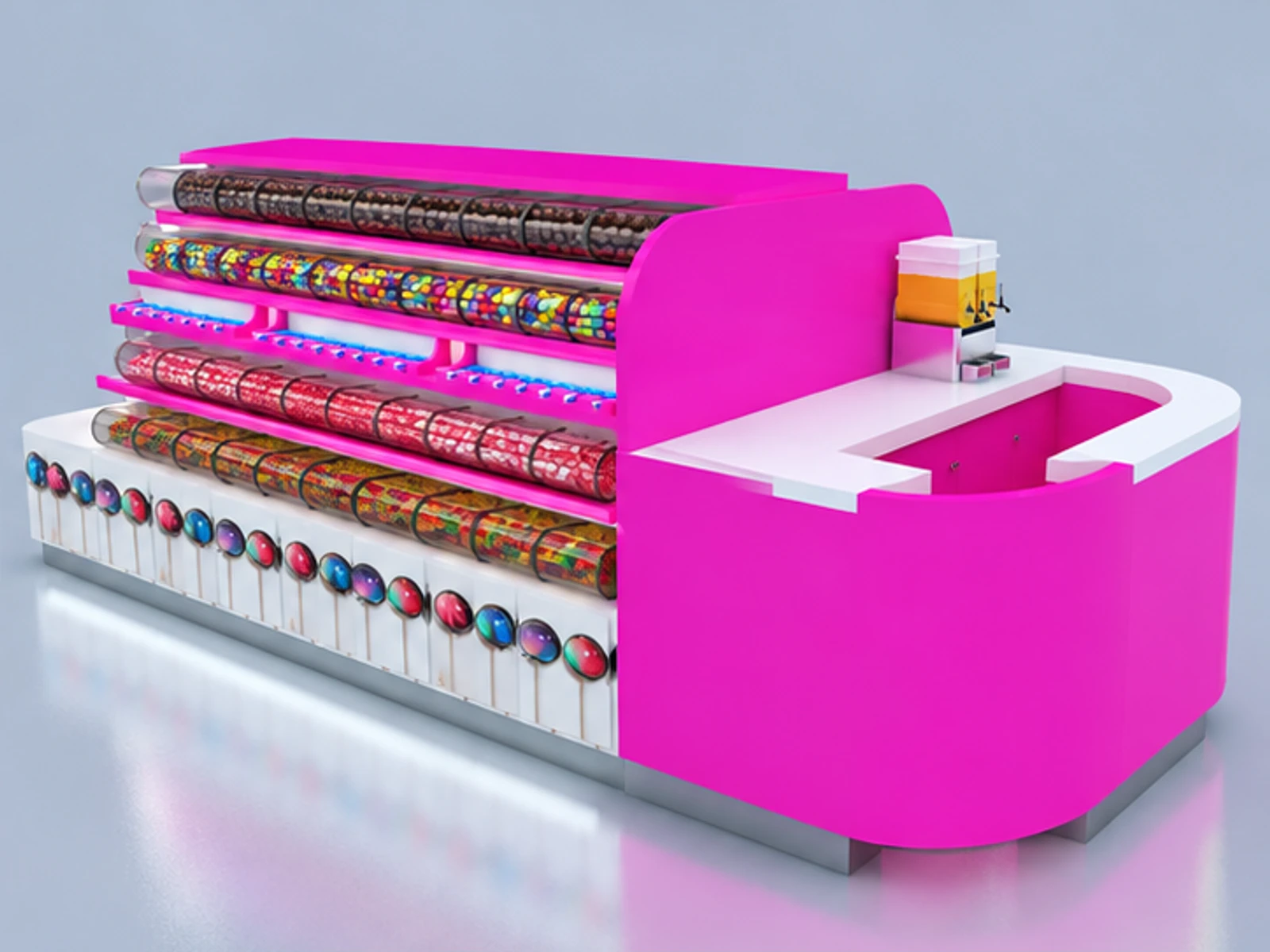 Colorful Candy Kiosk with Mall Retail Design & Nut Display Showcase for Sale opposite angle and overall footprint