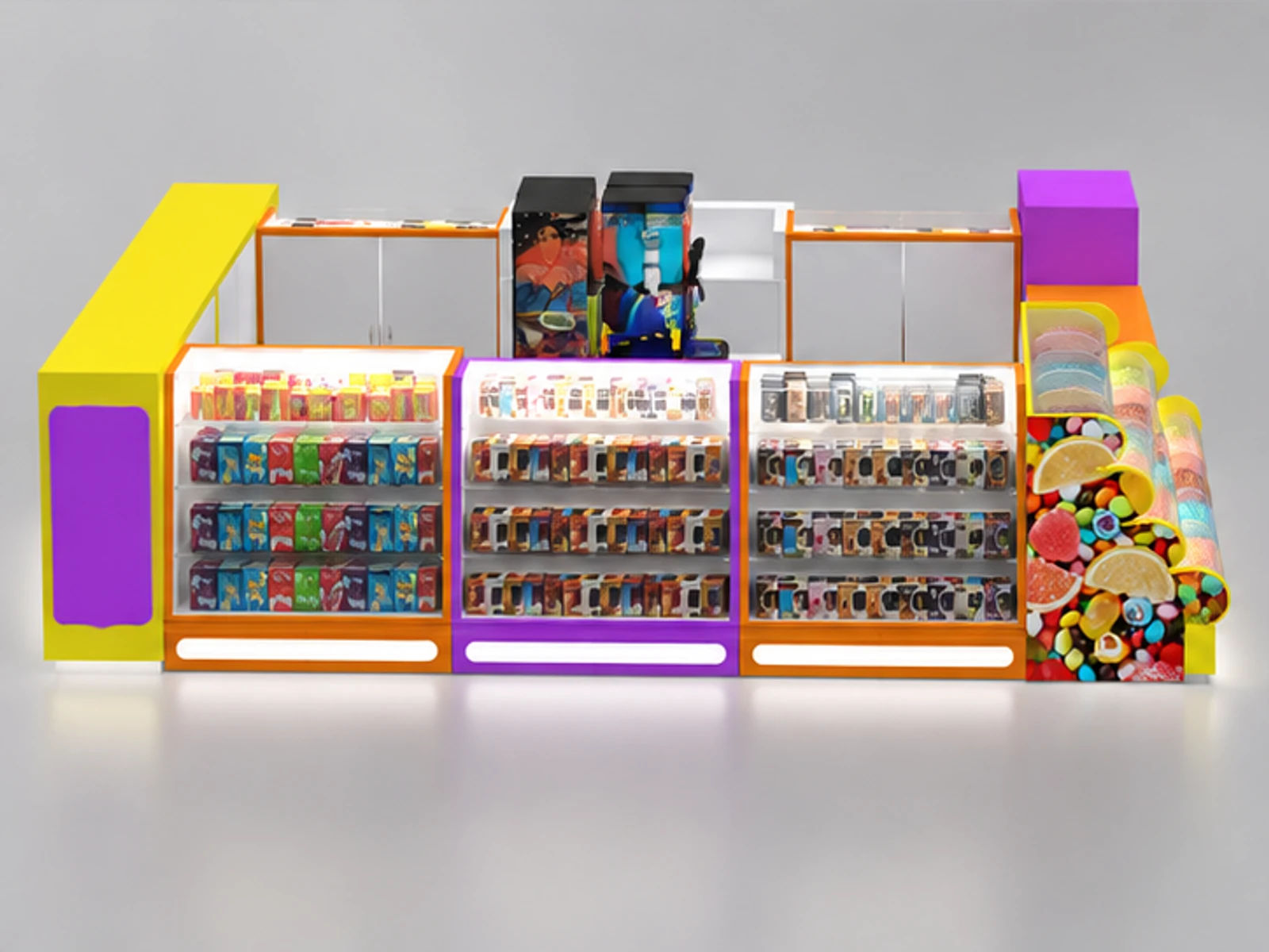Colorful Sweet Candy kiosk & Shopping Mall Retail Candy Booth customer-facing service and display view