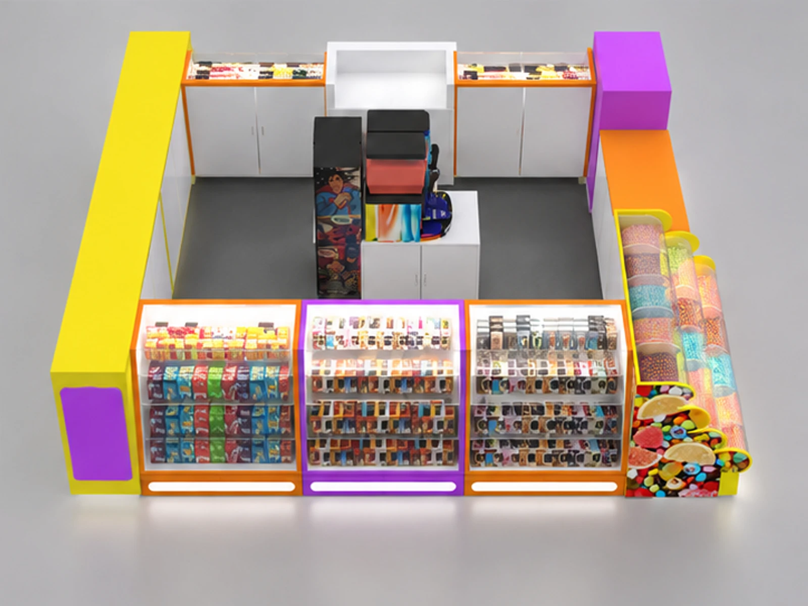 Colorful Sweet Candy kiosk & Shopping Mall Retail Candy Booth staff-side equipment and storage view