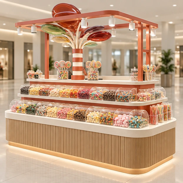 Compact Mall Candy Kiosk with Tiered Shelves opposite angle showing its complete footprint and display layout