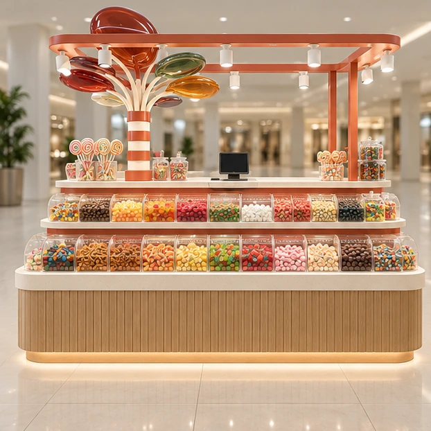 Compact Mall Candy Kiosk with Tiered Shelves customer-facing service and display view