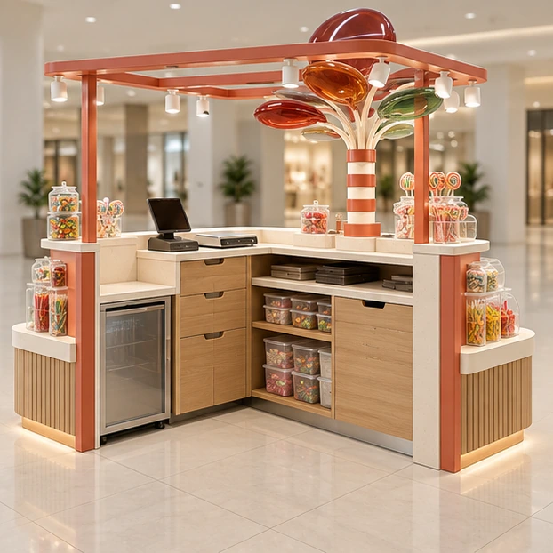 Compact Mall Candy Kiosk with Tiered Shelves operator-side equipment, access, and storage view