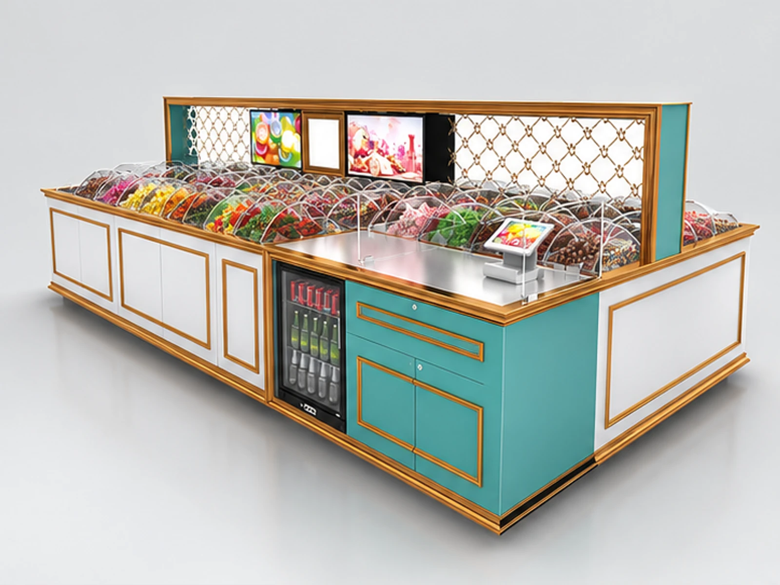 custom candy kiosk design for shopping mall main three-quarter view