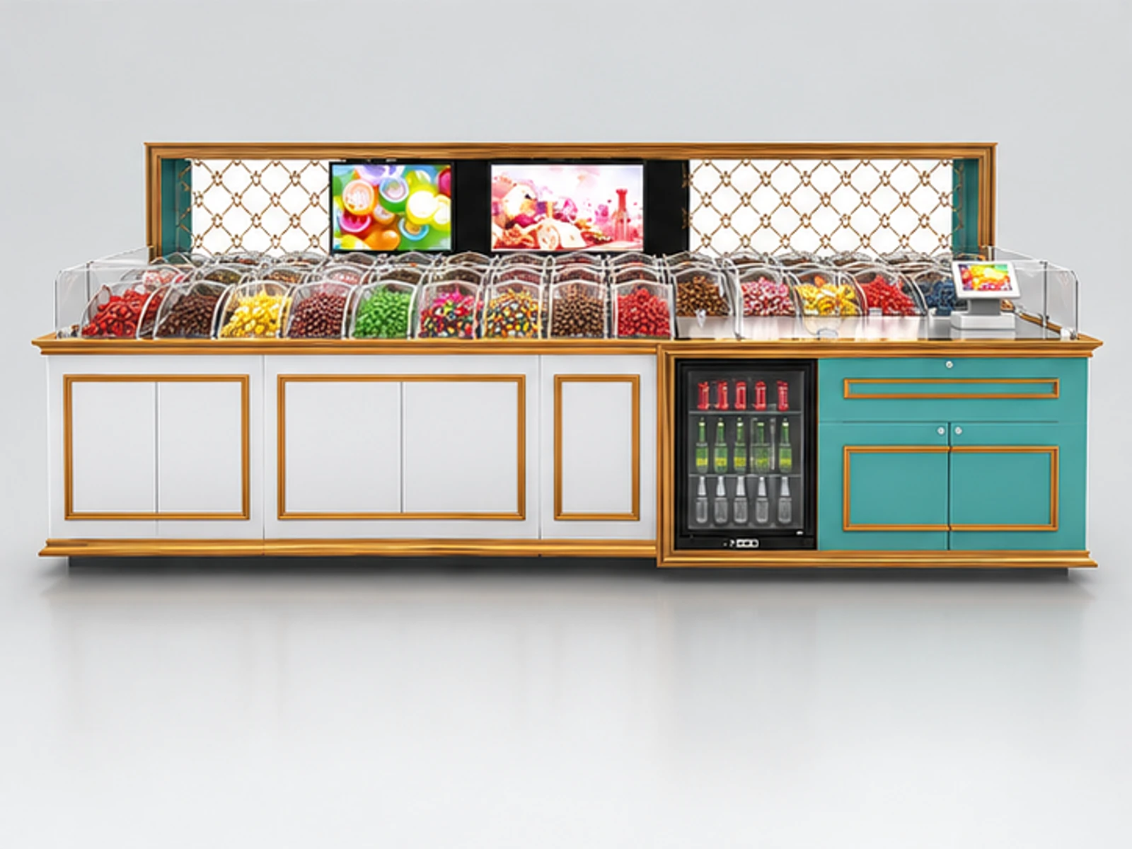 custom candy kiosk design for shopping mall customer-facing service and display view