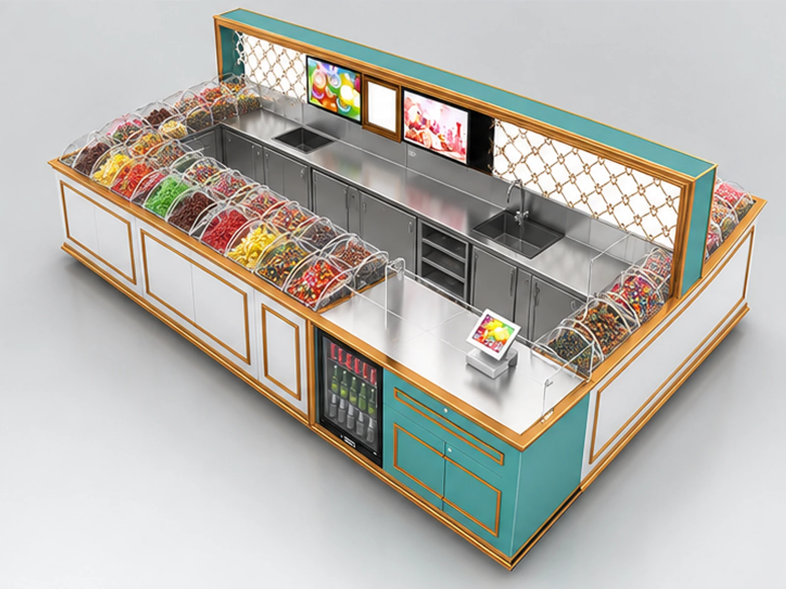 custom candy kiosk design for shopping mall staff-side equipment and storage view