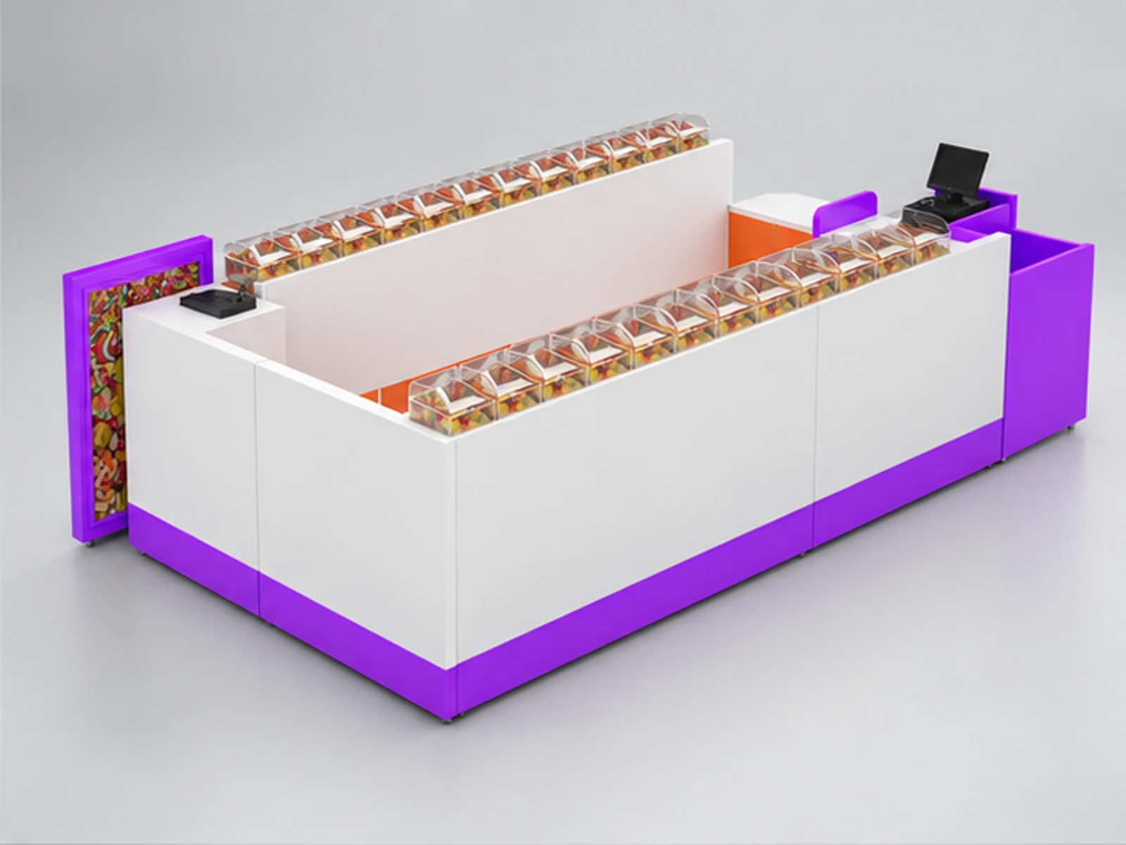 Customize Candy Display Kiosk Wooden Sweet Food Stall opposite angle and overall footprint