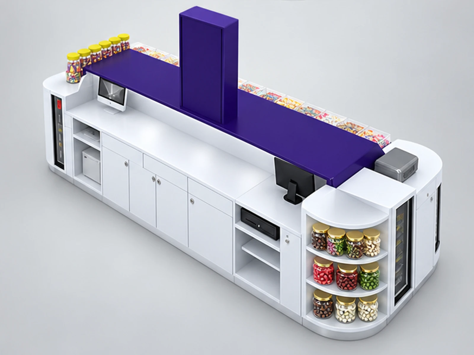 Customized Candy Kiosk & Nut Display Showcase with Professional Design in Retail Store staff-side equipment and storage view