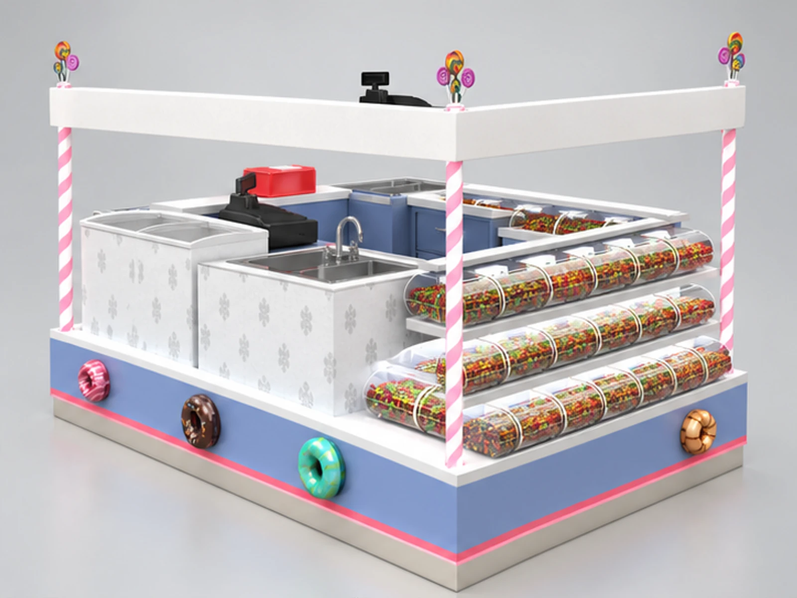 Elegant Candy Kiosk Booth | Portable Sweet Food Counter with Candy Boxes for Sale opposite angle and overall footprint