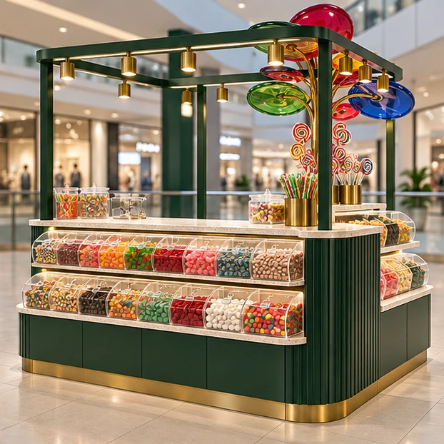 Family Candy Kiosk with Low-Reach Display Bins opposite angle showing its complete footprint and display layout