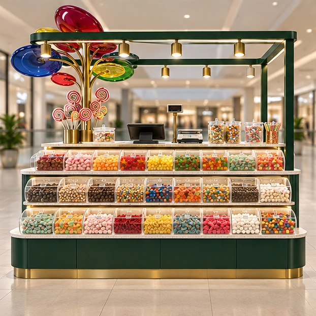 Family Candy Kiosk with Low-Reach Display Bins customer-facing service and display view