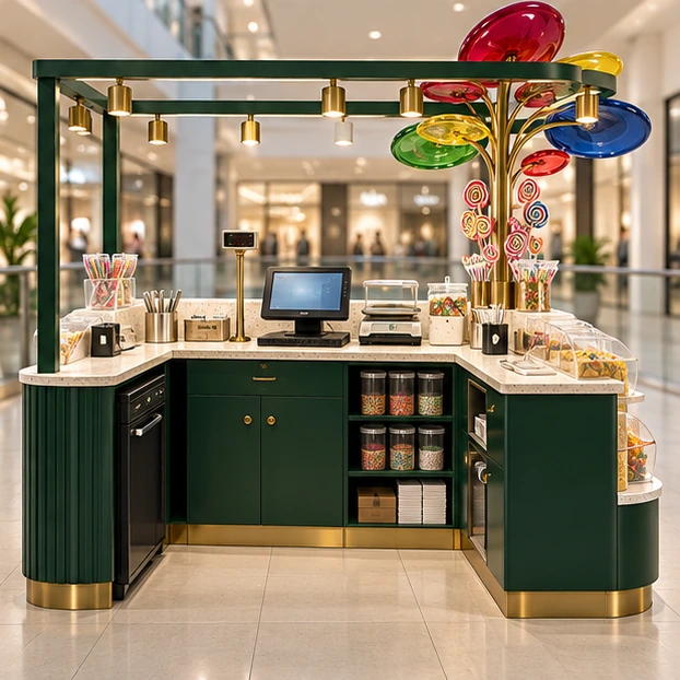 Family Candy Kiosk with Low-Reach Display Bins operator-side equipment, access, and storage view