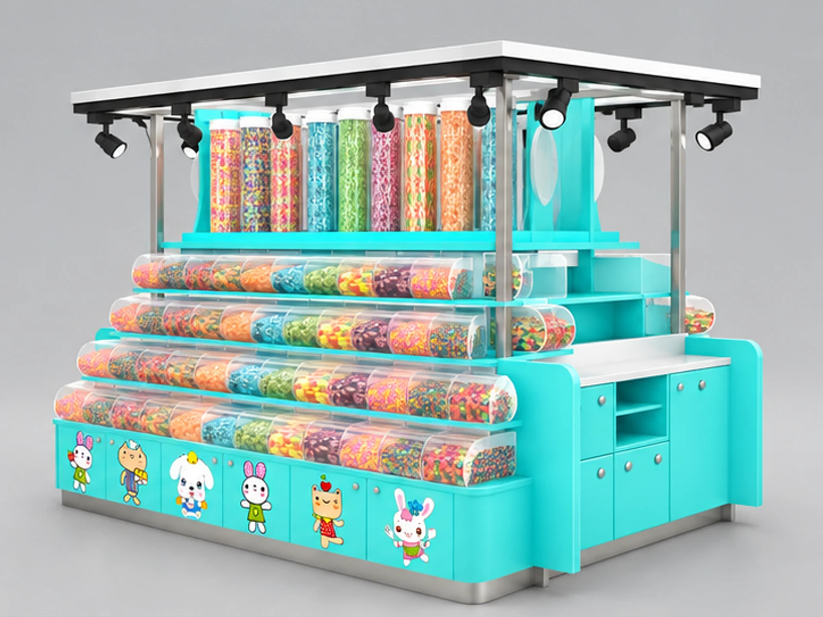Fancy design mall retail candy display kiosk candy display cart for sale opposite angle and overall footprint