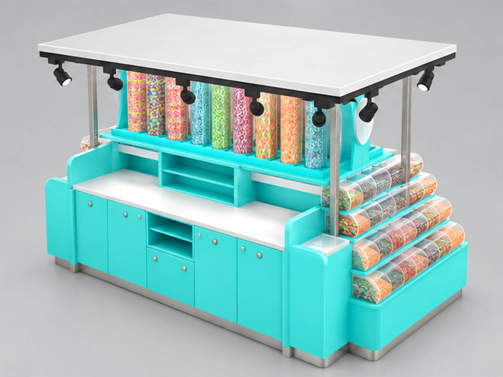 Fancy design mall retail candy display kiosk candy display cart for sale staff-side equipment and storage view