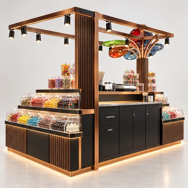 Franchise Candy Kiosk with Repeatable Bin Modules opposite angle showing its complete footprint and display layout