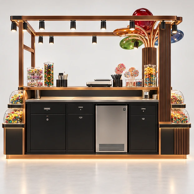 Franchise Candy Kiosk with Repeatable Bin Modules operator-side equipment, access, and storage view