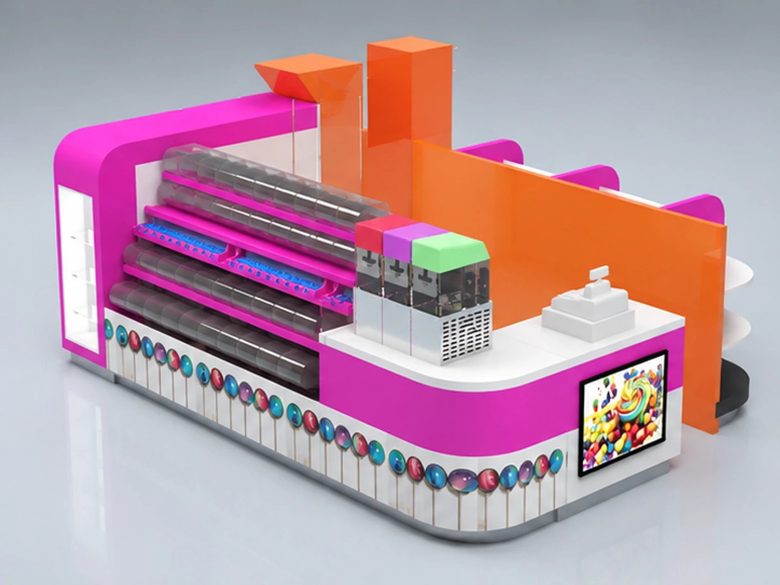 Functional 4m by 3m fancy candy display booth with nuts display shelves main three-quarter view