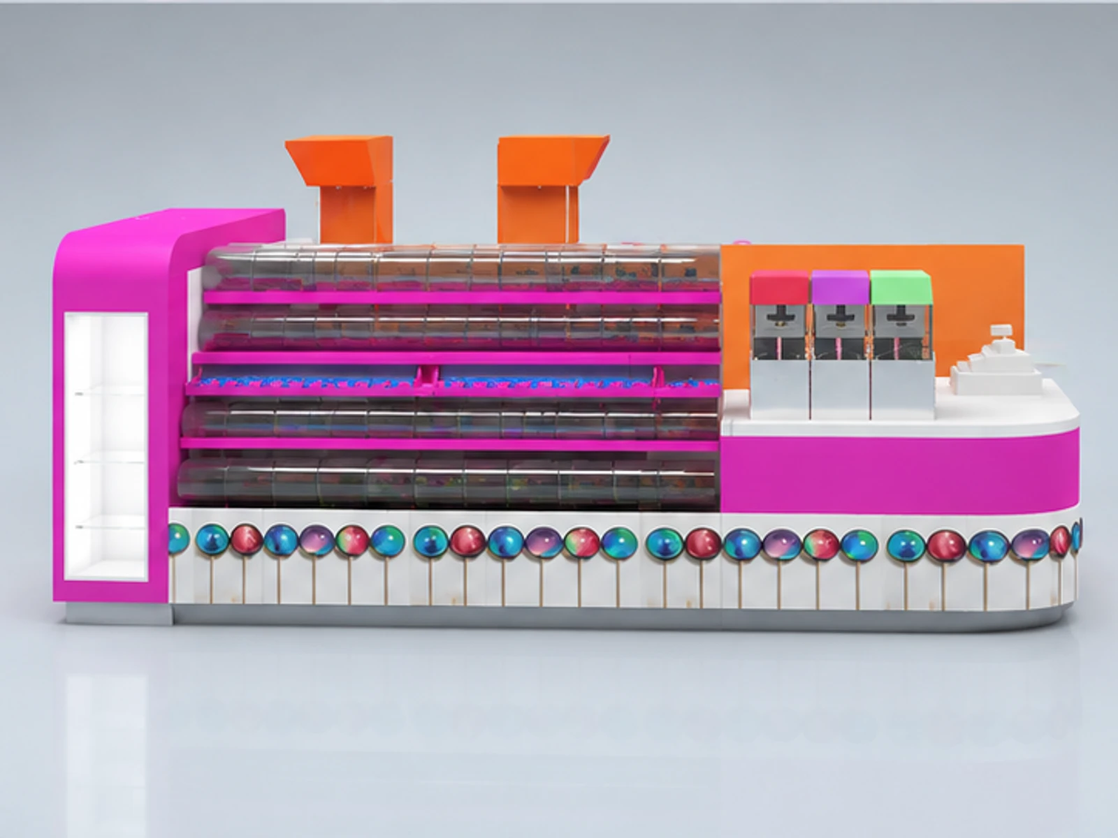 Functional 4m by 3m fancy candy display booth with nuts display shelves customer-facing service and display view
