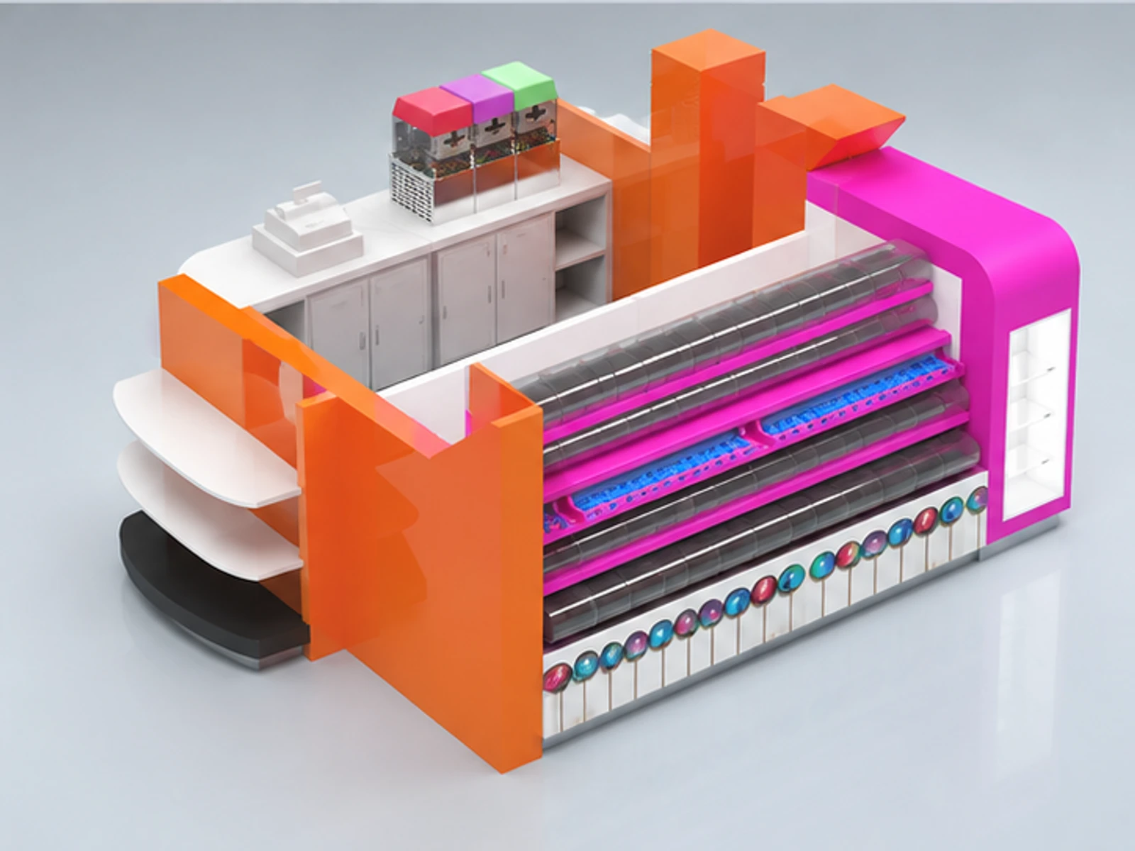 Functional 4m by 3m fancy candy display booth with nuts display shelves staff-side equipment and storage view