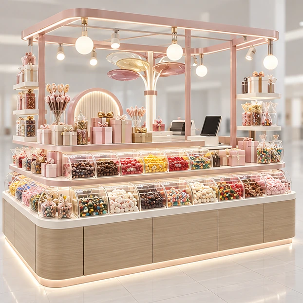 Gift Candy Kiosk with Wrapping Counter opposite angle showing its complete footprint and display layout