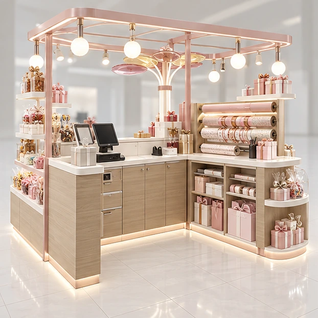Gift Candy Kiosk with Wrapping Counter operator-side equipment, access, and storage view