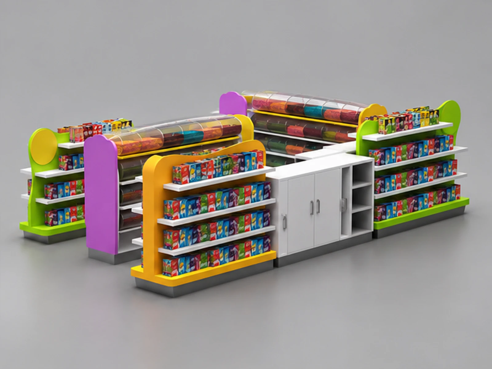 Good finishing Candy Stall Snacks Retail Food Kiosk Design opposite angle and overall footprint