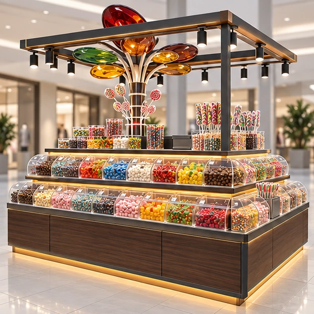 Island Candy Kiosk with Four-Side Merchandising main three-quarter product rendering