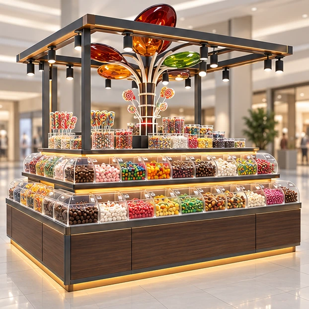 Island Candy Kiosk with Four-Side Merchandising opposite angle showing its complete footprint and display layout