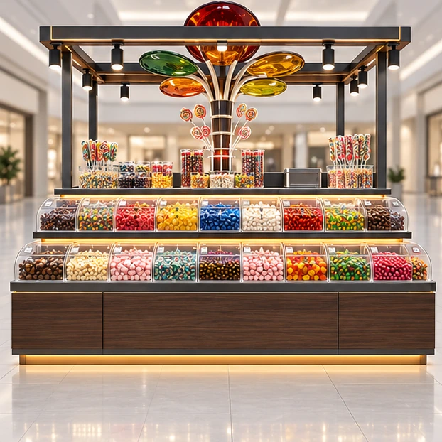 Island Candy Kiosk with Four-Side Merchandising customer-facing service and display view