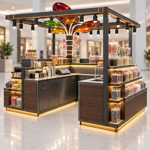 Island Candy Kiosk with Four-Side Merchandising operator-side equipment, access, and storage view