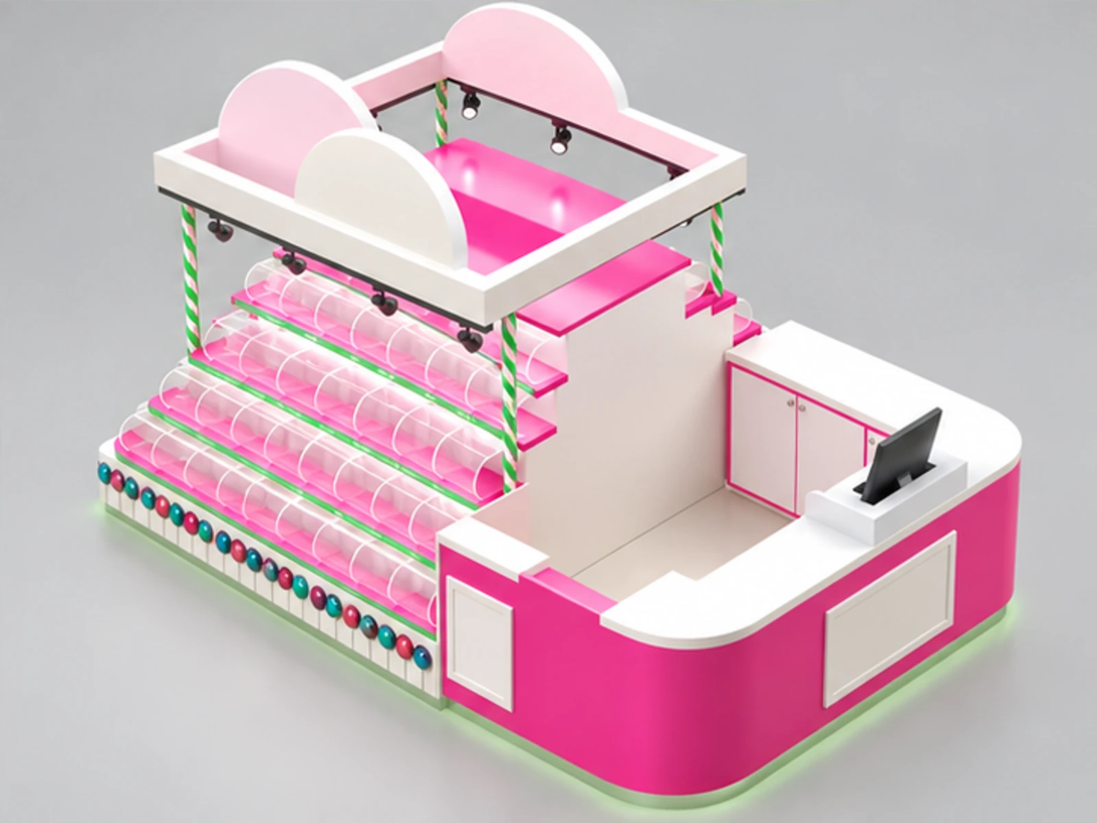 Lovely Candy Kiosk & Sweets Display Showcase with Professional Design in Retail Store for Sale staff-side equipment and storage view
