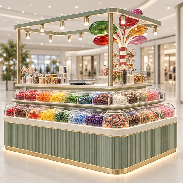 Pick-and-Mix Candy Kiosk with Clear Modular Bins opposite angle showing its complete footprint and display layout
