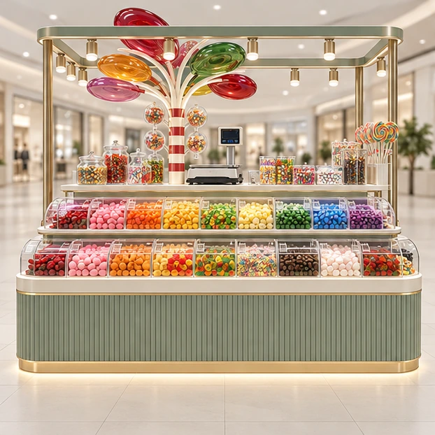 Pick-and-Mix Candy Kiosk with Clear Modular Bins customer-facing service and display view