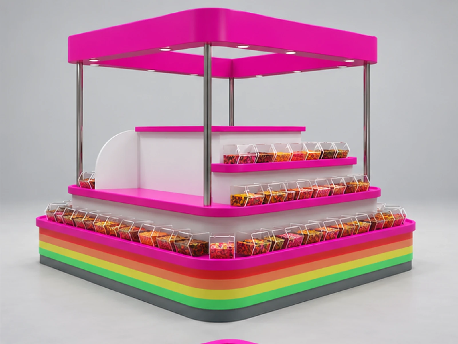 Pink Sweet Display Booth Unique Candy Kiosk Furniture opposite angle and overall footprint