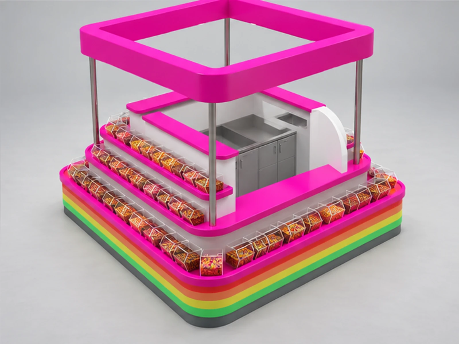 Pink Sweet Display Booth Unique Candy Kiosk Furniture staff-side equipment and storage view
